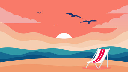 seagulls flying beach chairs ocean waves