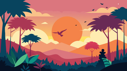 rainforest clearing sunset birds colorful