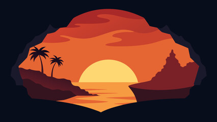 Sunset Island Cave Ocean Silhouettes