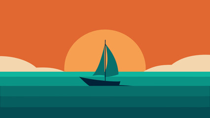 Vector Small Sailboat Sunset Teal Ocean