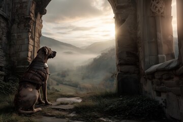 A giant armored dog guards a ruined castle gate as the sun rises and mist drifts through the hills