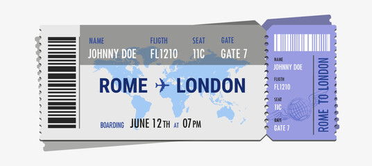 Template of airline boarding pass ticket isolated on white background