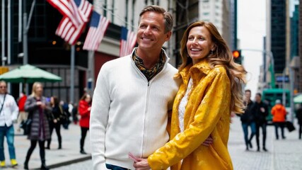 A happy couple exploring a vibrant cityscape while embracing their togetherness