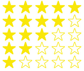 A vector set of rating stars ranging from 0 to 5 stars, designed in a simple yellow flat style.