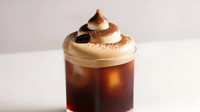 Iced Coffee Beverage with Creamy Cocoa Topping on White Surface with Coffee Bean Garnish