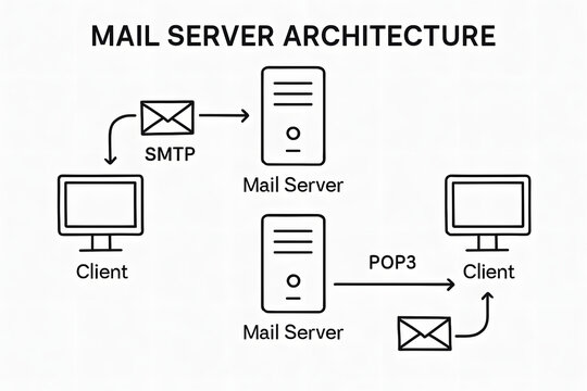 Mail Server Architecture: Simplified diagram detailing the core components and communication flow of a mail server architecture.