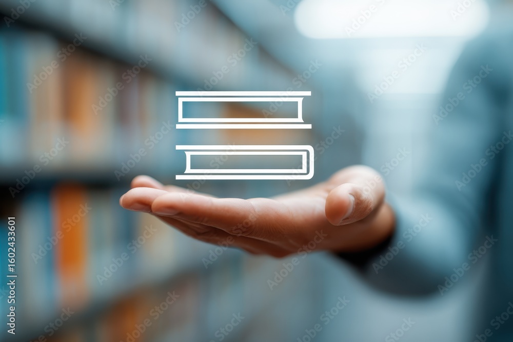 Aufkleber a person holding an open palm with a graphic of stacked books in a library setting