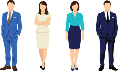 Obraz premium Cad drawing flat vector illustration, business attire silhouettes, male and female office fashion, formal outfit lineup, stylish corporate icon design