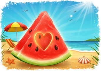 Sweet summer love heart watermelon on sandy beach with ocean view