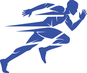 Cad drawing flat vector illustration, blue runner silhouette in motion, angular speed posture, dynamic energy graphic, abstract sports icon design