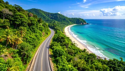 Scenic coastal road winding through lush greenery