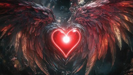 Dark fantasy with red feathered angel wings around a glowing heart in the center.