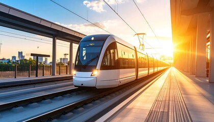 Fototapeta premium Modern City Train Arriving at Station During Sunset