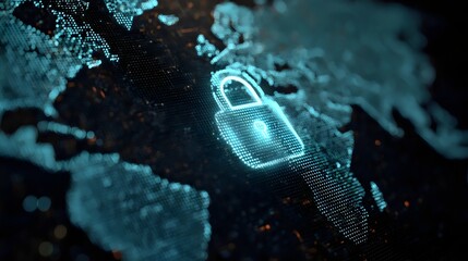 A digital representation of cybersecurity, showcasing a glowing padlock over a world map, symbolizing data protection.