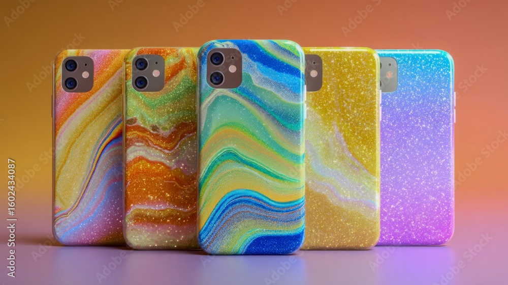 Poster a row of cell phones with colorful cases, each with a different design. the colors are bright and th