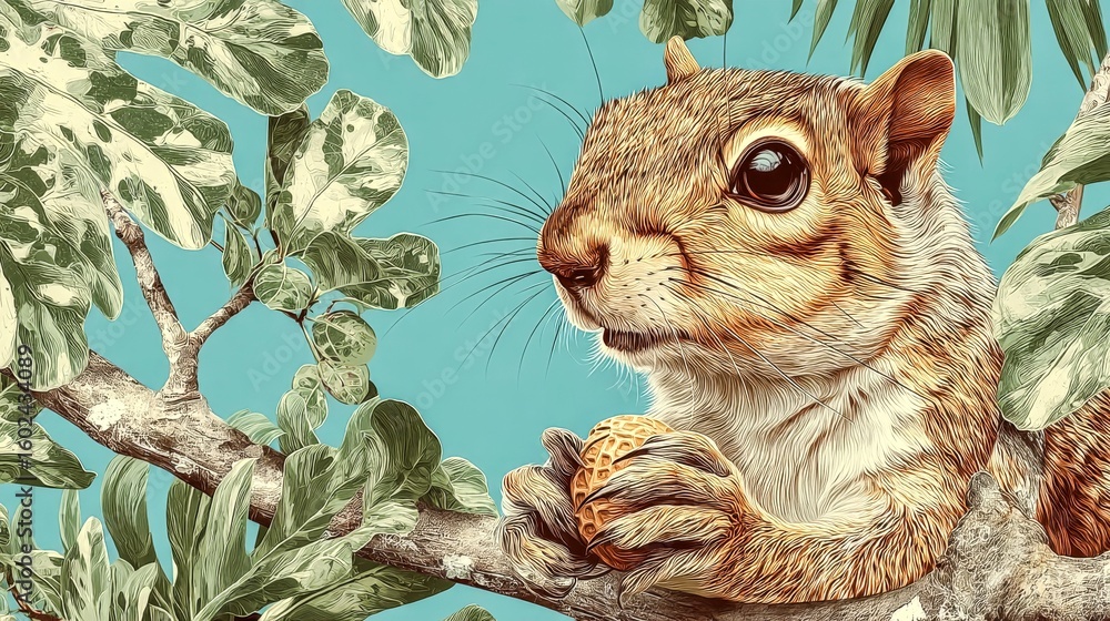 Poster a squirrel is sitting on a branch, looking up at the camera. the image has a peaceful and serene moo