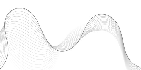 An abstract background featuring a series of thin, undulating, grayscale lines that create a dynamic wave pattern across a white canvas, suggesting sound waves or data flow.