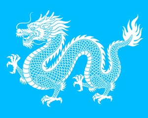 Traditional Chinese Dragon Illustration with Majestic White Body on Blue Background