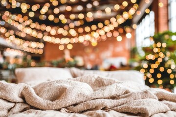 Blurred cozy bedroom scene with Christmas lights.  Soft beige blanket draped over bed.  Bokeh effect of lights, brick wall, and greenery in background