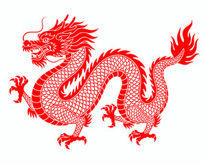 Traditional Chinese Dragon Illustration with Majestic Red Body on White Background