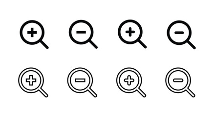 Vector Magnifying Glass Icons Set - Zoom In, Zoom Out, Plus, Minus - User Interface UI Design