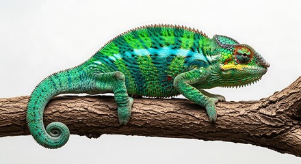 Obraz premium Vibrant green chameleon with blue accents perched on a textured tree branch against a white background