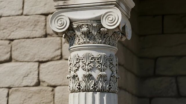 Ornate White Column with Intricate Carvings against Stone Wall in Natural Light