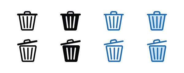 Trash Bin Icons Set - Open and Closed Bins for Clean-up, Disposal, and Waste Management