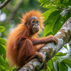 Fototapeta premium Young orangutan with shaggy orange fur sits on a tree branch in a lush green forest