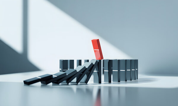 Domino Effect: An artistic rendering of dominoes, with one red piece poised to trigger a cascade, symbolizing a pivotal moment with potential consequences.
