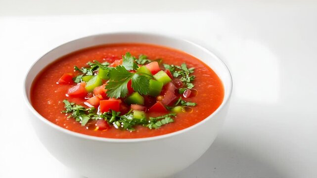 Refreshing Cold Tomato Gazpacho Garnished with Cilantro in White Bowl