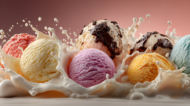 Variety of creamy ice cream scoops splashing in colorful milk and sauce isolated on transparent back