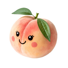 Cute Peach Character with Smiling Face and Leaves on Transparent Background