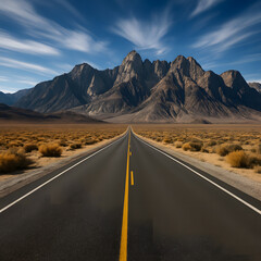 Endless Desert Highway Leading to Rugged Mountains Under Dramatic Sky