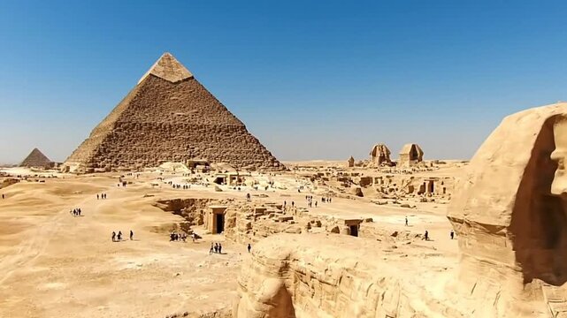 The Great Pyramid and Sphinx stand prominently in Giza Egypt under a clear sky with smaller pyramids in the distance and a crowd of people surrounding