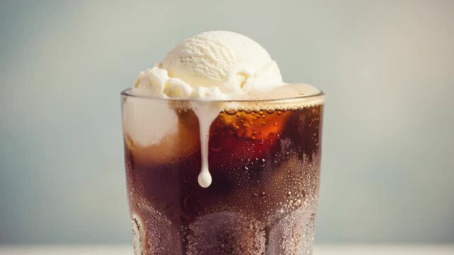 Refreshing Root Beer Float With Vanilla Ice Cream In Clear Glass On Light Background