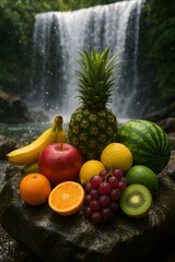 All fruits on water fall background high-quality 4K