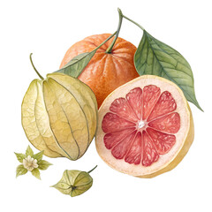 Watercolor Citrus Fruit Composition with Physalis on Transparent Background