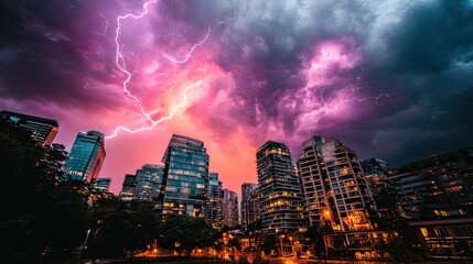 Fototapeta premium Dramatic lightning storm over a modern city skyline