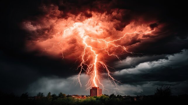 Dramatic lightning strike over a cityscape at dusk - Powered by Adobe