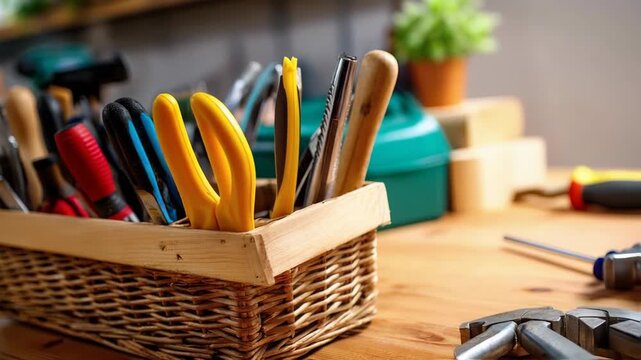 A collection of tools neatly organized inside a wooden basket on a wooden table
