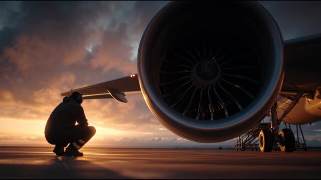 Amidst the vibrant sunset, a ground crew worker carefully examines the aircraft engine. The scene captures the dedication and attention to detail required in aviation maintenance