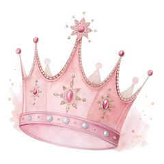 Watercolor Pink Princess Crown with Jewels on transparent background