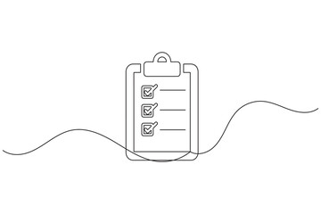 Clipboard with checklist icon in minimal one line art style on white background for planning concept