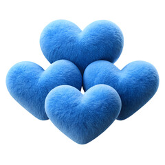 Five fluffy blue heart shaped pillows arranged in a cluster on a black background