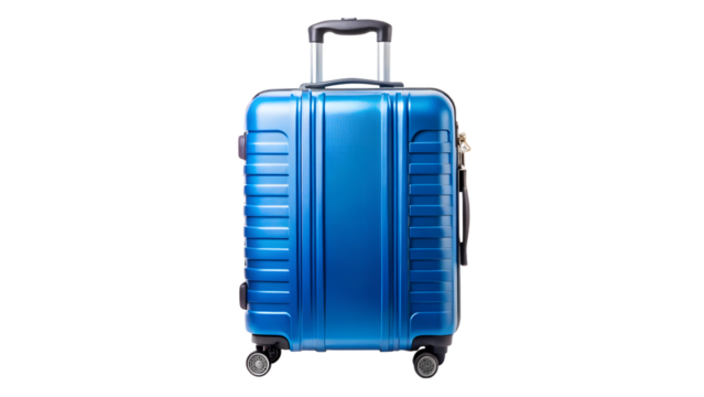 A shiny blue suitcase with wheels isolated on transparent background