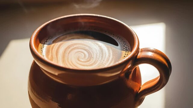 Steaming Black Coffee in Brown Ceramic Mug with Swirling Cream on a Bright Tabletop