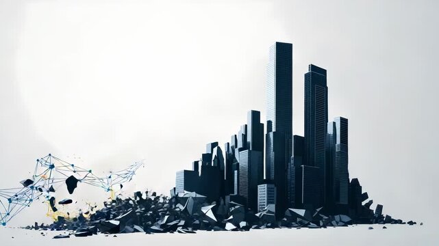 Stylized Gray Cityscape Disintegrating With Blue and Orange Particle Effects on Plain White Background Digital Artwork