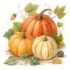 Watercolor Pumpkins with Vines and Leaves Illustration on transparent background