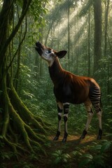 Okapi Reaching for Leaves in Ituri Rainforest at Sunrise with Zebra Striped Legs and Mossy Roots in Lush Jungle, Photorealistic Wildlife Scene